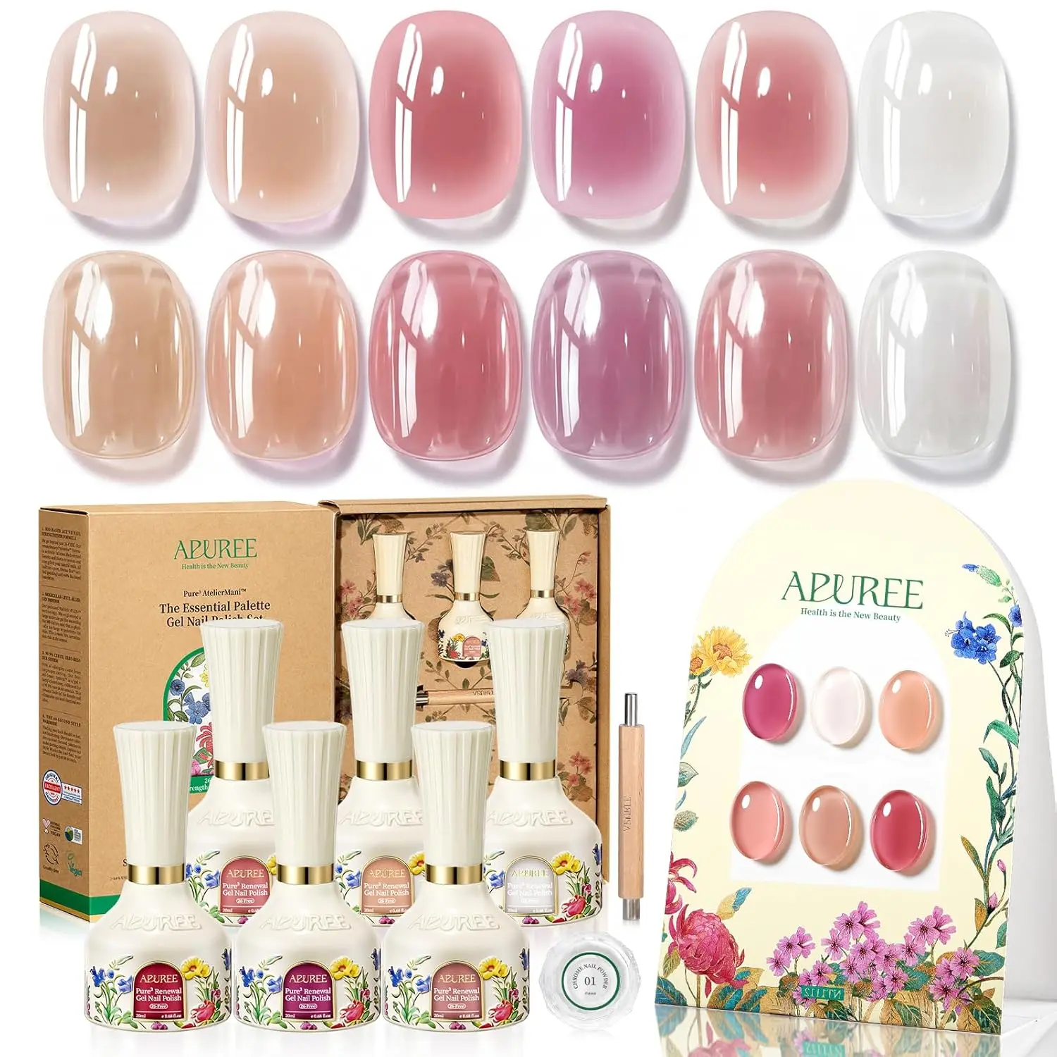 APUREE Nail Strengthener Gel Nail Polish Set with 64% USDA Bio-Based Certified Formula, Sheer Pink Nude Shades that Strengthen Nails and Support Healthy Growth, HEMA TPO and HPMA Free, Vegan Non-Toxic 6-Piece Gift Set