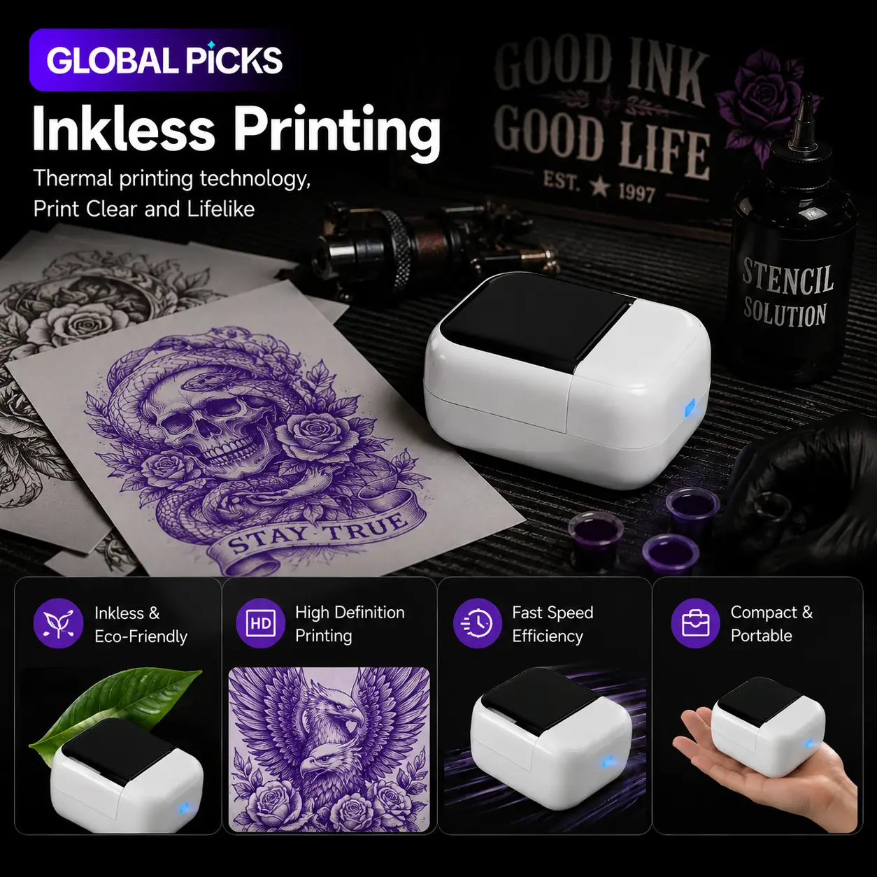 Mini Tattoo Printer Machine, Wireless Thermal Tattoo Stencil Printer with Bluetooth, Portable Tattoo Transfer Printer for Tattoo Artists, Easy Tattoo Stencil Maker for Precise Designs, Compatible with Tattoo Transfer Paper and Tattoo Kits