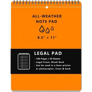 Weatherproof Legal Pad 8.5" x 11" with 100 Pages  Weather Paper and  Hard Cover, A4 Large Size Top Spiral Notebook, Legal  (Orange)