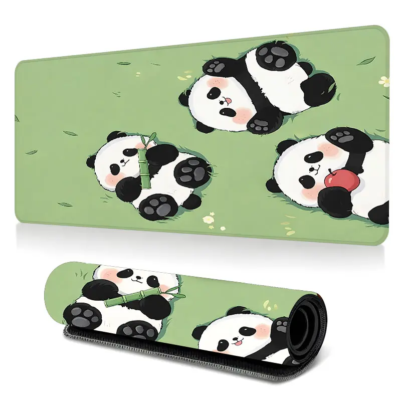 Cute Panda Group Gaming Mouse Pad, Large Extended Desk Mat with Grass And Leaves, HD Printed Mouse Mat with Stitched Edges and Non Slip Rubber Base, Ideal for Gaming Setup, Office Desk and Gift for Family And Friends And Gamers