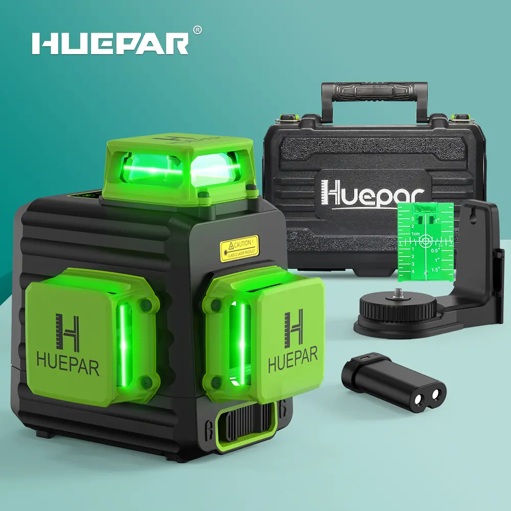 Huepar B03CG 3x360° 12-Line Green Laser Level | 5200mAh Rechargeable | Portable, Hard Carry Case – Construction & Picture Hanging