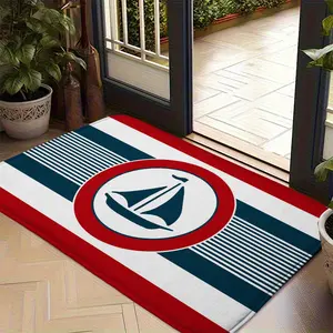 Nautical Sailboat Area Rug, Navy Blue and Red Striped Doormat, Sailing Theme Non-Slip Floor Mat for Indoor Outdoor Entrance, Marine Decorative Carpet for Living Room Bedroom Kitchen, Ocean Style Welcome Mat