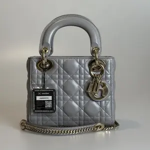 Pre-owned Dior Lambskin Crossbody Bag Lady Medium Pearlescent Grey Quilted With Cross Body Strap 73147345