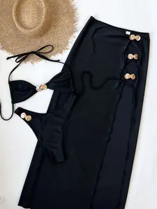 2026 new women’s shell snap mini bikini set—fashionable, sexy halter low-rise three-piece swimsuit with a slit long skirt vacation beach outfit set and hot spring wear