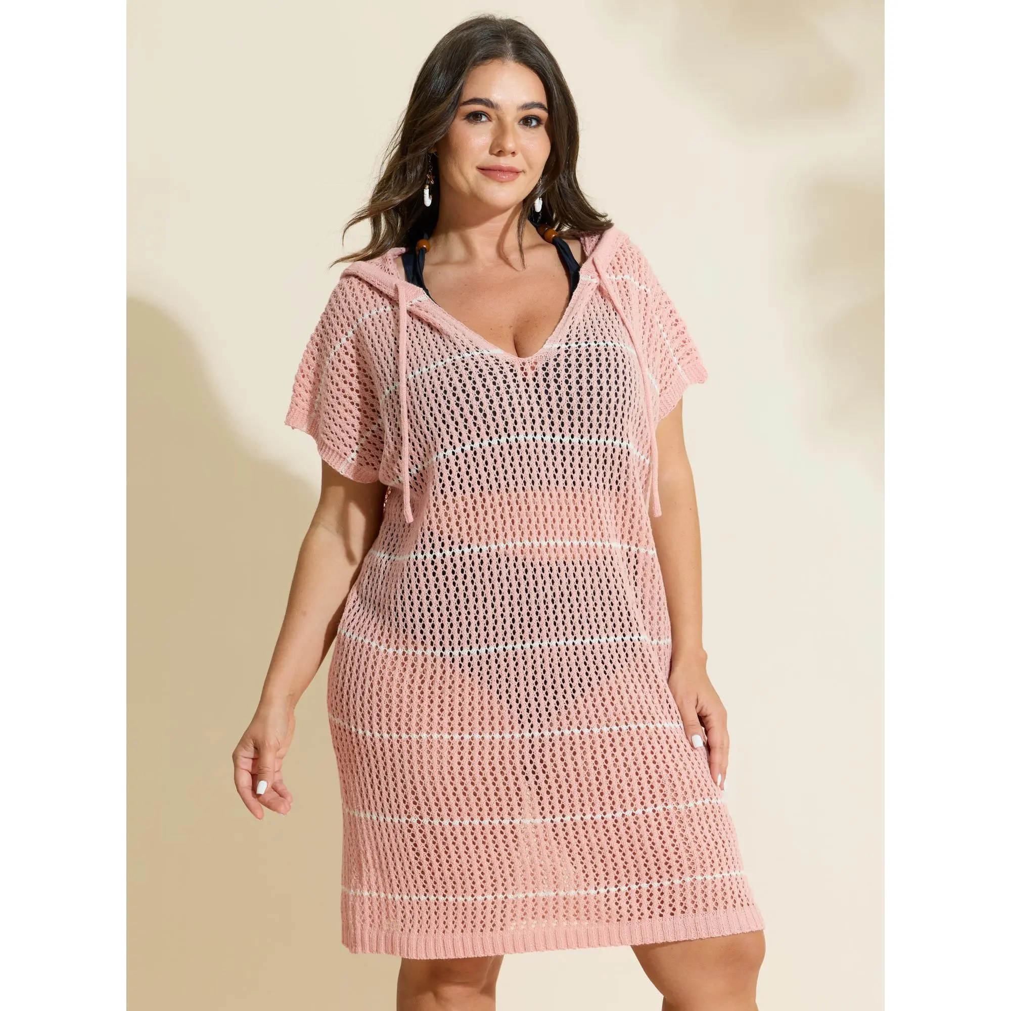 Plus Size Swimsuit Cover Up, Lightweight Acrylic Hooded Tunic with Drawstring Waist, Casual V-Neck Beachwear with Cut-Outs, Beachwear Cover Up, Lightweight Cover Up,Summerfinds
