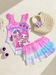 Kpop Girls Two-Piece Swimsuit, Cartoon Print Bikini, Summer Beach Vacation Swimwear, Cute Ruffle Swim Dress