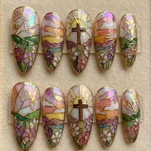Stained Glass Cross Press On Nails, Iridescent Christian Nail Art Nail Art Kit Nail Box