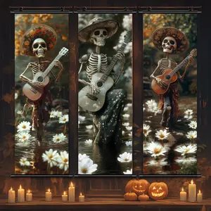 3 Counts Halloween Hanging Banner, Skeleton Playing Guitar, Halloween Mural And Decorative Posters, Fun Party Decorations, Horror Themes, Living Room, Bedroom, Home Posters, High Definition, Waterproof, Ideal Gifts