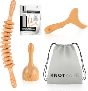 KNOTKARE 3-in-1 Wood Therapy Massage Tools for Lymphatic Drainage - Maderoterapia Kit Professional for Cellulite Reduction, Effective Body Shaping, and Muscle Pain Relief BPA Free Natural Beach Wood Swiss Cup Roller Board Gua Sha Board Smooth Firming