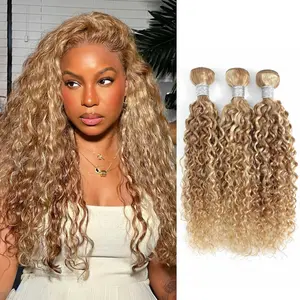 AUROO 27/613 Highlighted Multi-Blonde Bundles Human Hair Water Wave, 13A Grade Ombre Blonde Human Hair Wet n Wavy Curly 3 Bundles 100% Raw Brazilian Silky Colored Hair Weaves Extension
