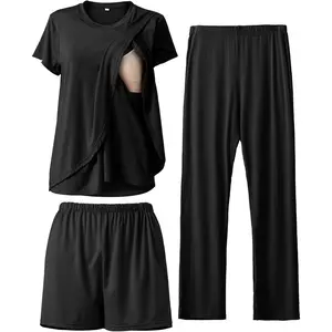 Women's 3-Piece Crew Neck Nursing Loungewear Set - Soft Casual Maternity Breastfeeding Pjs for Postpartum Use
