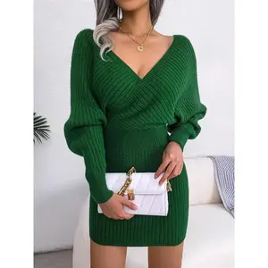 Women's Plain Wrapped V Neck Leg-of-mutton Sleeve Sweater Dress, Slim-fit Long Sleeve Bodycon Jumper Dress