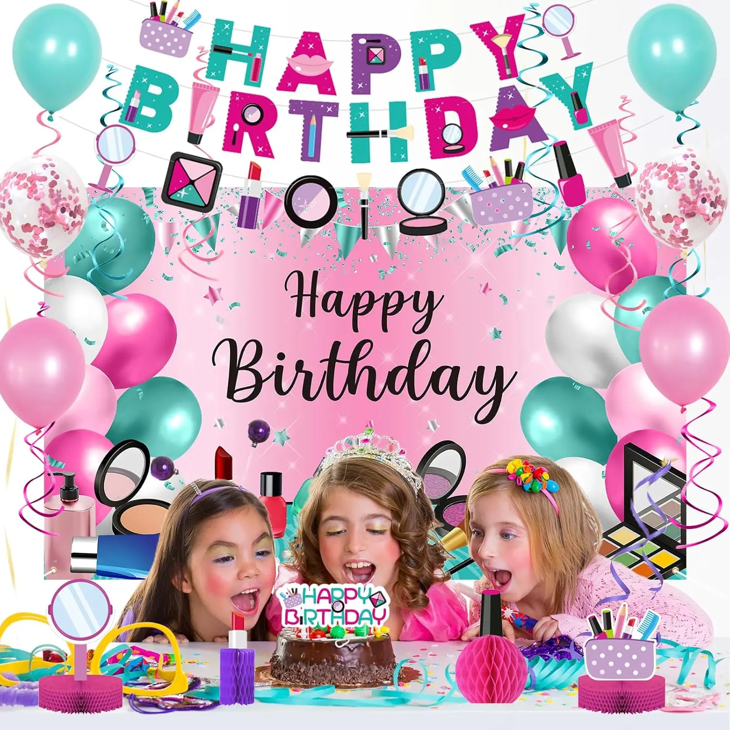 46PCS Pink Spa Theme Party Supplies Kit with Banner, Balloons & Cake Topper – Makeup Birthday Decorations for Girls Spa Sleepover Party Kit