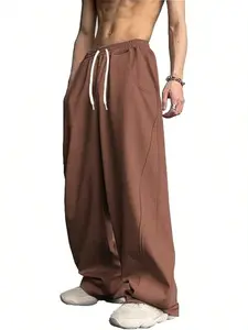 Men’s loose wide-leg casual sweatpants for spring/autumn, featuring color-block design, drawstring elastic waistband, drapey straight cut; comfortable and breathable, helps conceal bulges and create a slimmer look; American high-street style, trendy floor