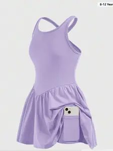 Girls' Sports Dress, Cross Back Tennis Athletic Dress, Side Pocket Design, Suitable for Tennis Running Daily, Versatile Casual Wear