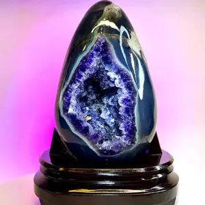 Natural Brazilian Amethyst Geode Standing Egg 10" Polished Agate with Custom Hardwood Display Stand for Home Decor at 8lbs | purple crystal natural amethyst supplier