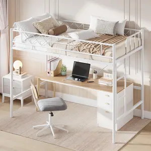 Loft Bed Twin Size for Teens & Adults, Metal Loft Frame with Safety Guardrail & Flat Ladder Rung, Heavy Duty Steel Slats, Space Saving Design, No Box Spring, White