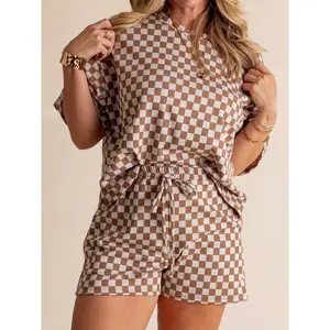 Women Summer Outfits Checkerboard Print Loose T-Shirt and Elastic Shorts Club Streetwear Clothes Sleeve Suits Womenswear Bottom Fabric Polyester Crewneck Fitted Khaki Casual Plaid Gamis 2 piece sets women rodeo2 piece set beach outfits set