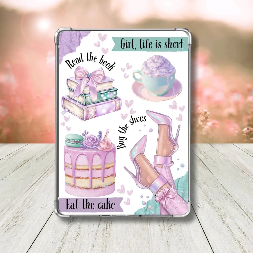 Read the Book, Eat the Cake, Buy the Shoes  Coquette Kindle Insert for Clear Cases | Aesthetic E-Reader Decor