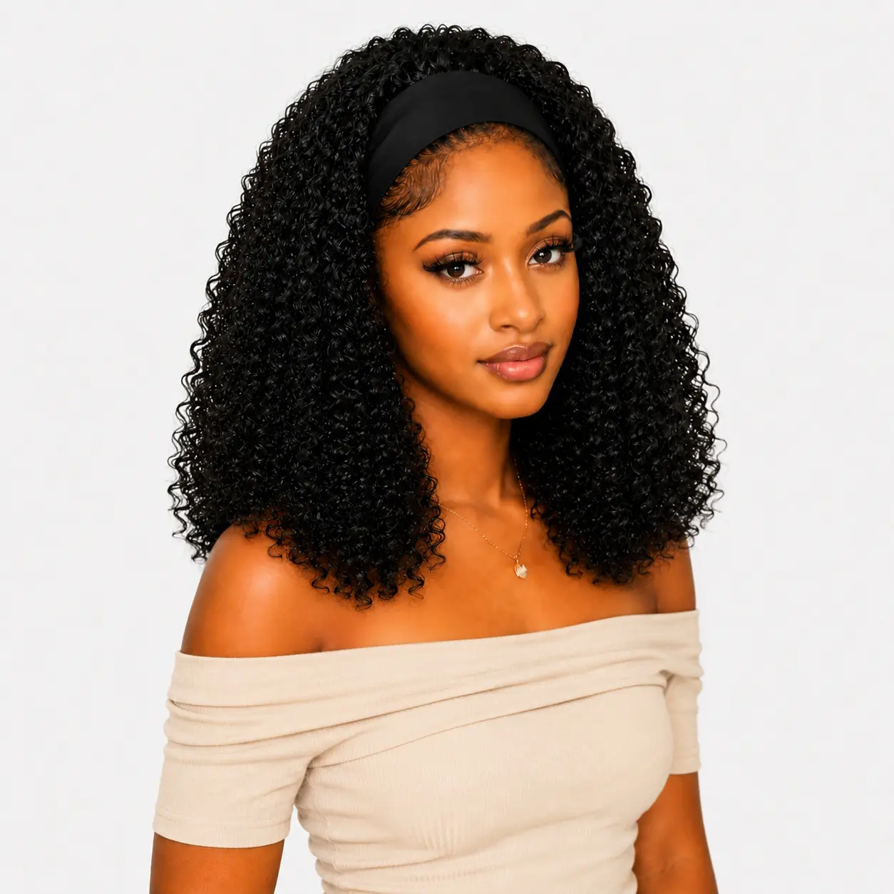Auvzy Hair 14 Inch Headband Wig Synthetic Hair No Glue Afro Kinky Curly Scarf Wig With Headband 180% Density Glueless Wig Natural Black color Half Wig for SummerWins