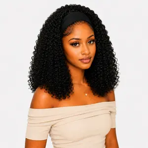 Auvzy Hair 14 Inch Headband Wig Synthetic Hair No Glue Afro Kinky Curly Scarf Wig With Headband 180% Density Glueless Wig Natural Black color Half Wig for SummerWins
