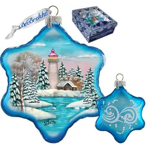 212 MAIN Hand-Painted Satin GDeBrekht Artistic Lighthouse Snowflake Glass Ornament, Christmas Tree Decoration, Festive Christmas Gift for Home