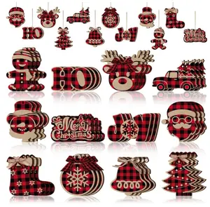 36 Pieces Christmas Buffalo Plaid Hanging Ornaments Christmas Tree Wooden Hanging Decor Wooden Christmas Ornaments Snowflake Reindeer Snowman Plaid Christmas Decor, 12 Styles(Black Red)