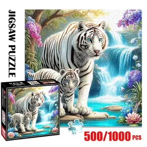 1pc 1000 piece adult puzzle 58x58cm Animal White Tigers by Waterfall with Flowers and Foliage 500 pieces of paper puzzle, suitable for adults and families, large-scale DIY puzzle interactive toy games, b Jigsaw Puzzles