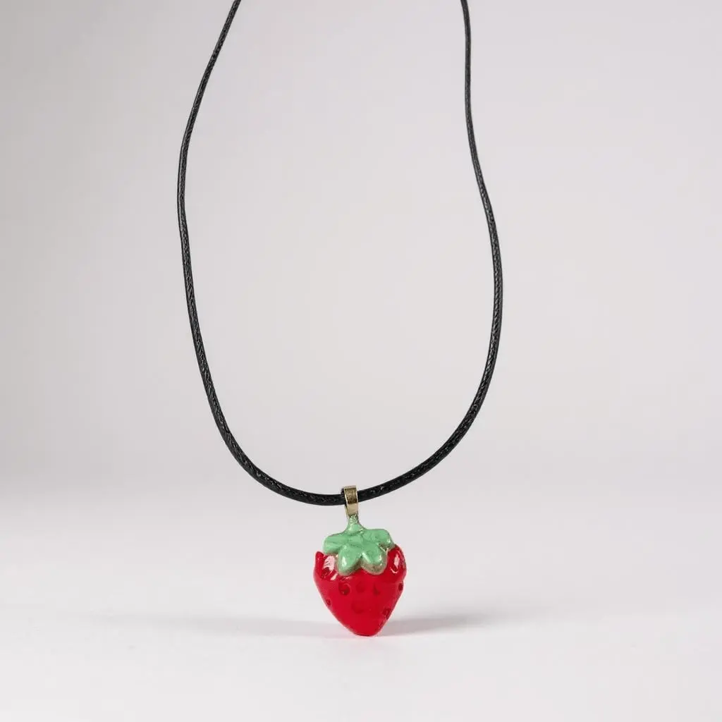 Handmade Strawberry Necklace - Clay Pendant with Shiny Resin Finish & Black Cord - Sweet Summer Accessory