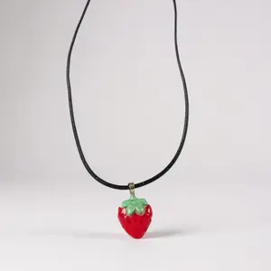 Handmade Strawberry Necklace - Clay Pendant with Shiny Resin Finish & Black Cord - Sweet Summer Accessory