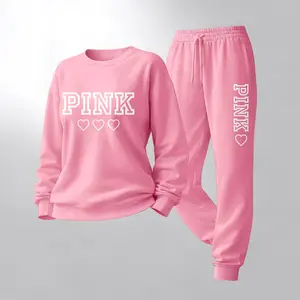 Women's Letter And Heart Print Crewneck Sweatshirt and Drawstring Track Pants Set, Casual Sportswear, Long-Sleeve Round Neck Top and Pants, Suitable for Spring, Autumn and Winter, Everyday Wear