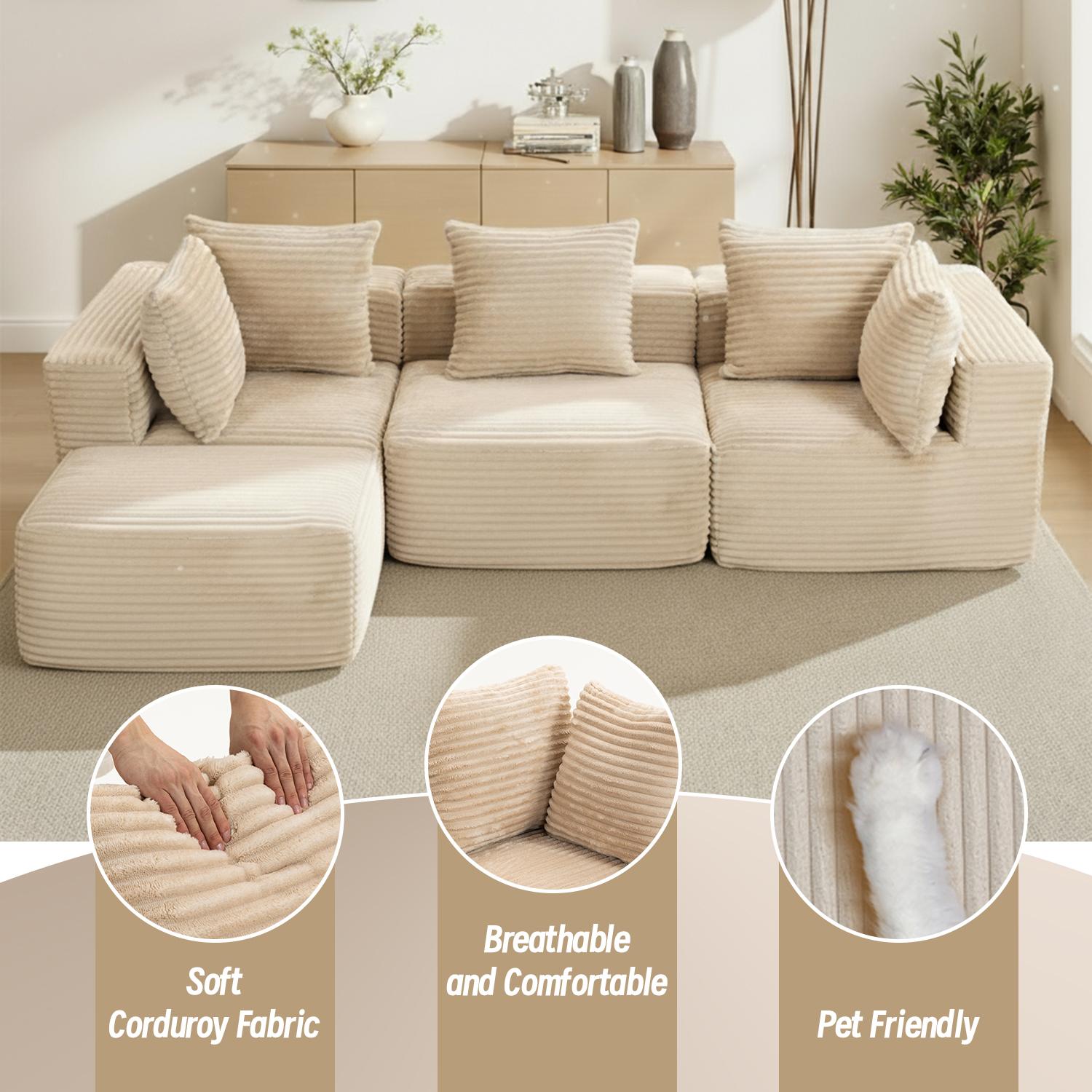 Spaco 4 Seat Modular Compression Sofa, Memory Foam Upholstered Couch, Foldable Sleeper Sofa With Pillow, Comfy Floor Lounge For Living Room Bedroom