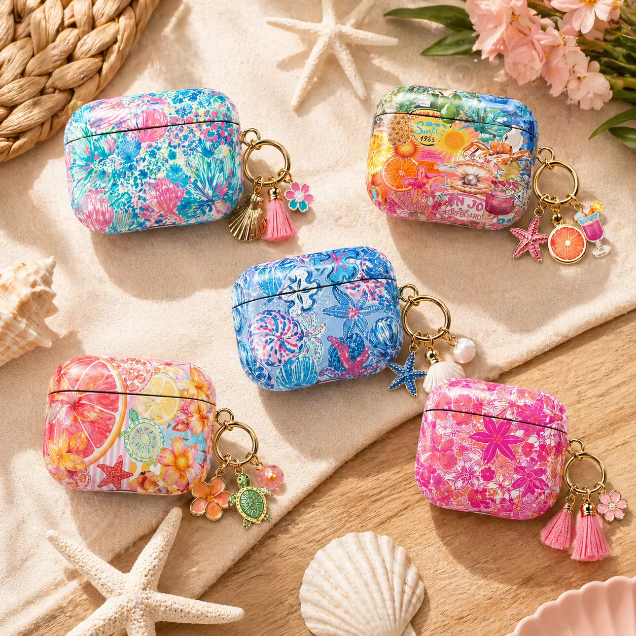 NO KEYCHAIN INCLUDED – Personalized Coastal AirPods Case, Tropical Beach AirPods Pro Cover, Summer Seashell & Floral AirPods Gen 1 2 3 4 Case, Preppy Vacation Protective Gift