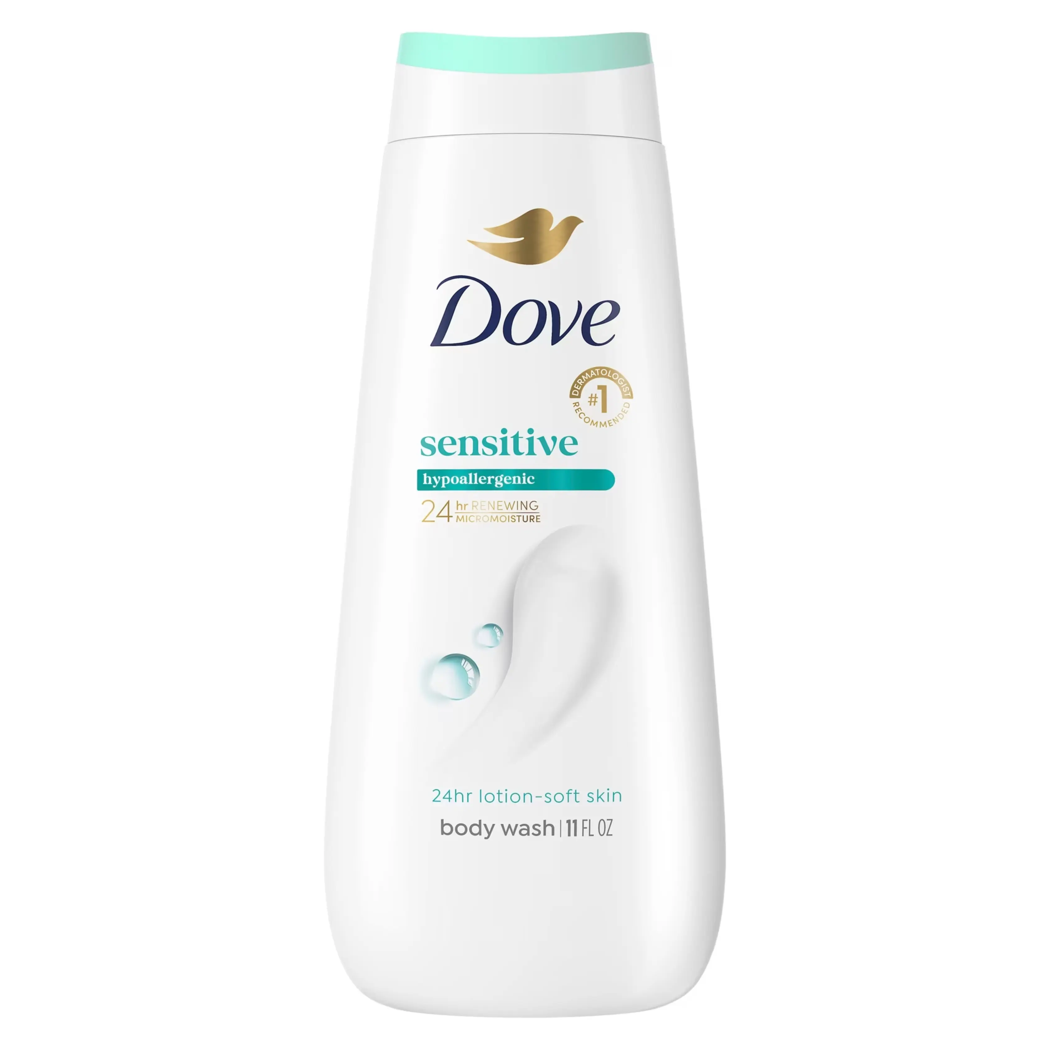 Dove Sensitive Skin Body Wash, Hypoallergenic Moisturizing Cleanser, 24HR Lotion-Soft Skin, Sulfate & Paraben Free, 11 fl oz