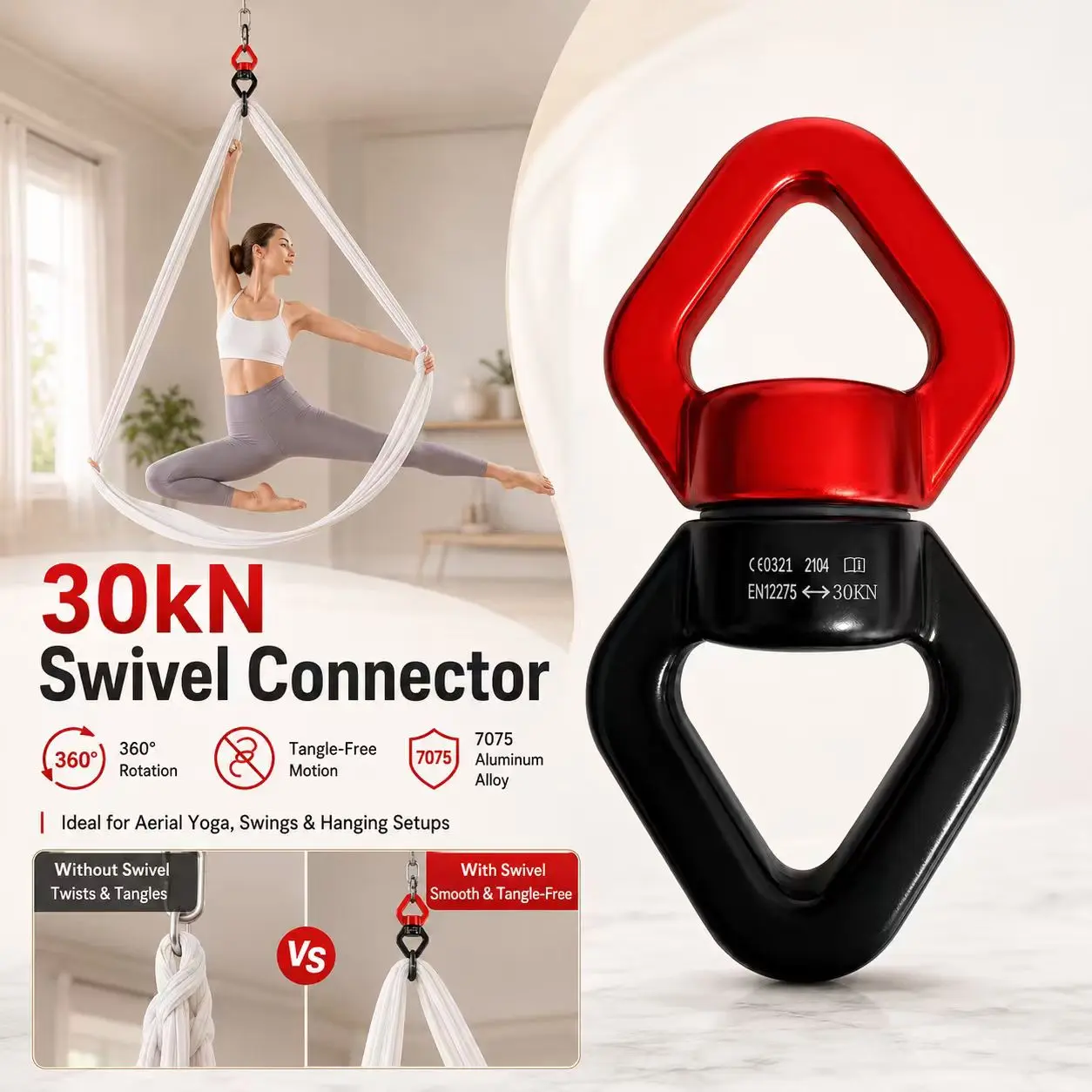 1-Piece 30kN Breaking-Strength Swivel Connector, 360° Smooth-Rotating 7075 Aluminum Alloy Swing Spinner, Helps Reduce Rope Twisting for Aerial Yoga, Hammocks, Hanging Chairs, Tree Swings, Sensory Swings & Indoor/Outdoor Hanging Setups