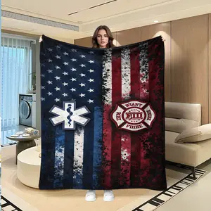Flannel blanket themed around firefighting and medical emergency response, featuring a retro distressed American flag background and combining the core symbols of two key professions—firefighting and healthcare. Suitable as a dorm blanket, sofa decor, pro