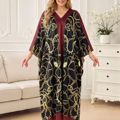 Plus Size Silky Print Kaftan | Luxury Loose Long Maxi Dress For Women