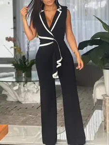 European and American Summer Women's New Fashion V-Neck Elegant Sleeveless Slim Fit Wide Leg Jumpsuit, B11156, Casual Style, Colorblock Pattern