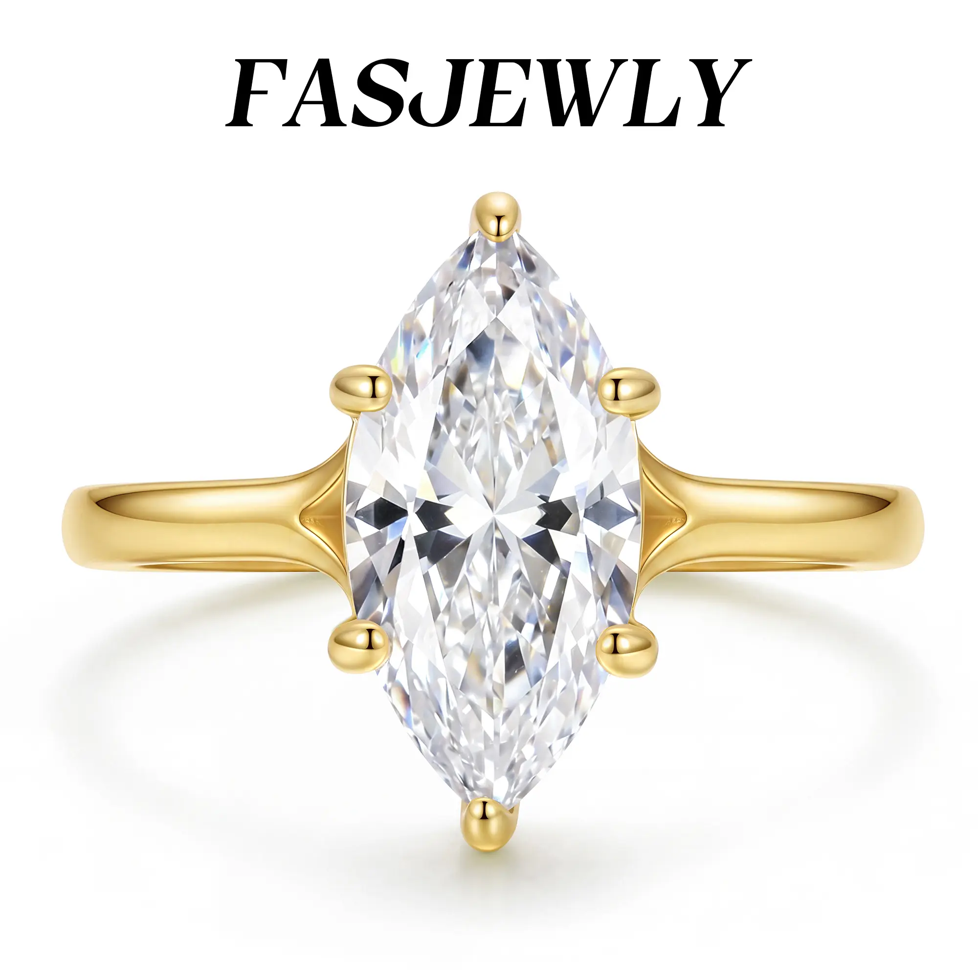 Fasjewly 3CT Marquise Engagement Ring for Women, 14K Gold Plated Solitaire Promise Ring with 6A Cubic Zirconia