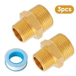 3/4 Inch NPT x 1/2 Inch Male Hex Nipple Reducer, 3/4'' to 1/2'' Male Brass Pipe Fitting Adapters, Brass Hex Nipple Reducing Connectors with Sealing Tape (2 Pack) ﻿ ﻿