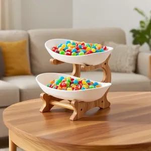 Double Layer Plastic Fruit Bowl with Base - Space-Saving Kitchen Countertop Organizer, Cute Modern Layered Plate, Suitable for Fruits, Snacks, Nuts, Desserts - Durable and Beautifully Designed, Compact Oval Shape, Suitable for Small Kitchens, Parties