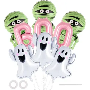 9 Pcs Halloween Ghost Mylar Balloons, Large Mummy Aluminum Balloon, Halloween Pink BOO Foil Balloons for Birthday Baby Shower Party Decorations Supplies