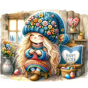 1PC  Diamond Painting Happy Easter Diamond Painting Kit Cute Knitting Girl Pattern Full Drill Rhinestone Embroidery Craft for Home Wall Decor Holiday Gift
