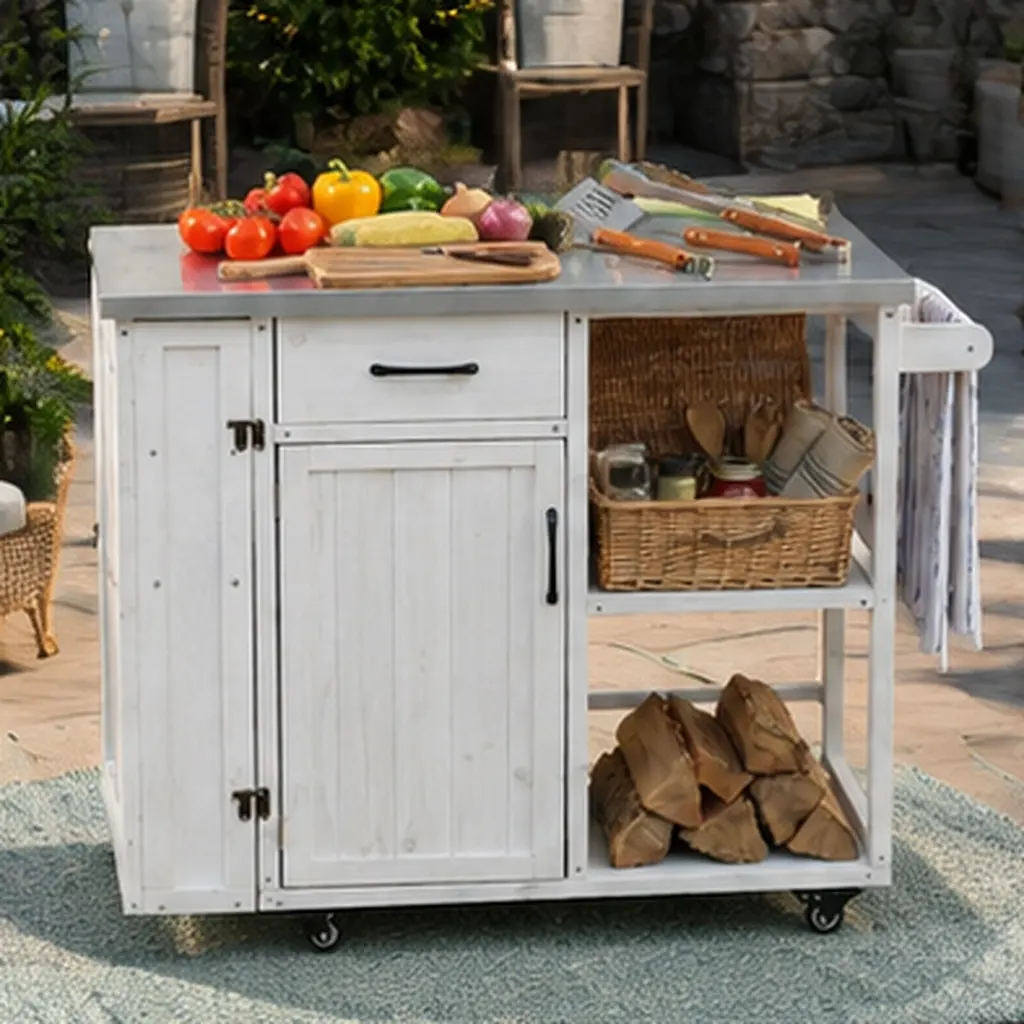 Outdoor Kitchen Island Prep Station with Stainless Steel Top, Fir Wood Cabinet, Lockable Wheels, Towel Rack, Spice Rack, Drawer, and Storage Shelves for Patio, Garden, and Backyard Cooking, White, White Color Options, Wood + Stainless Steel