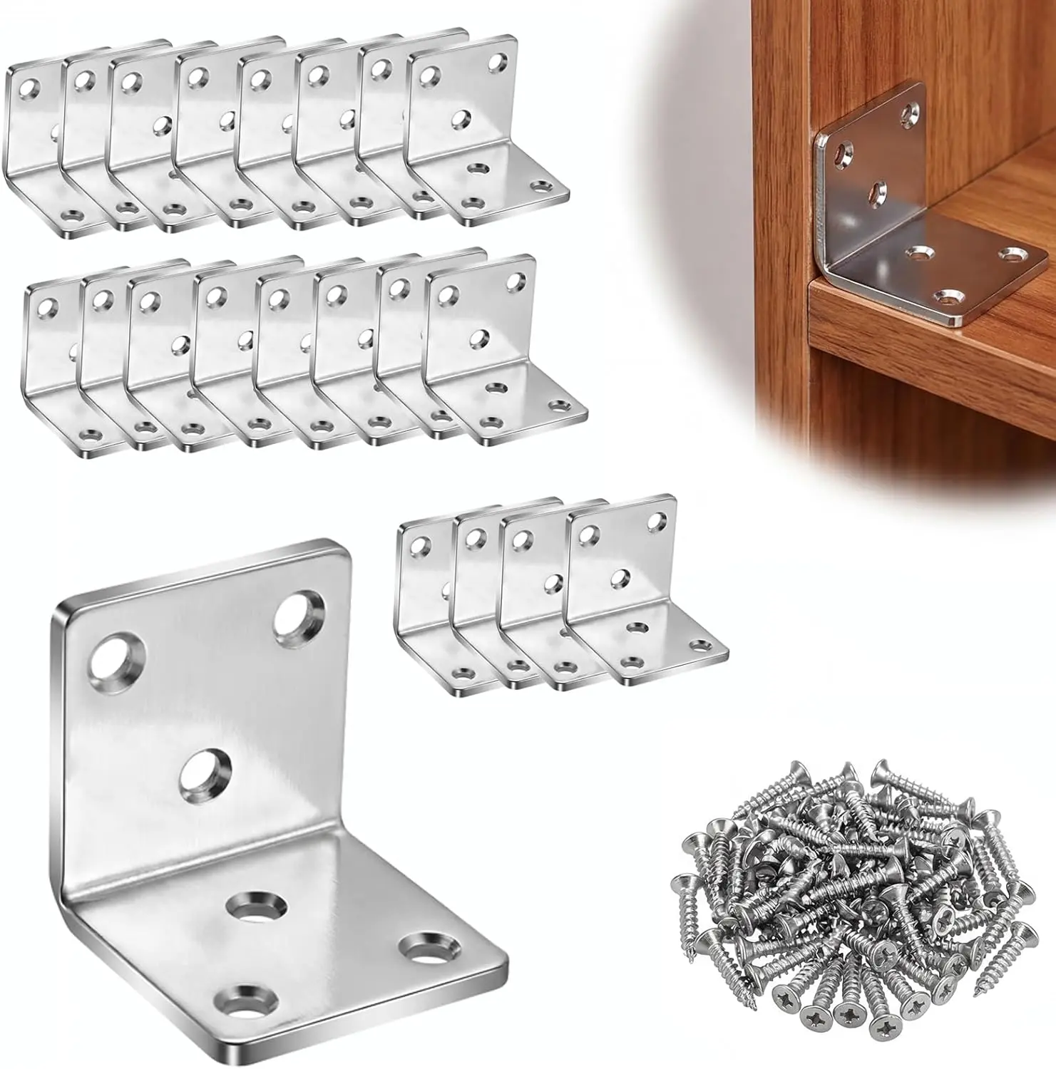 20 Pack Duty L Angle Brackets, Stainless 2"x2"x2" 90 Degree Framing Brackets, Construction Building Brackets for Wood Fence, Furniture and Structures with 120pcs Screws