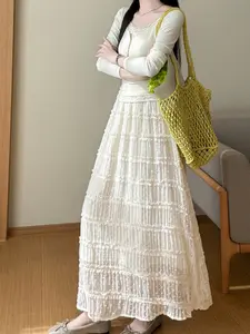 Women's Mid‑Length Cake Skirt Spring Summer New Elegant Ruffle Patchwork A-Line Long Skirt