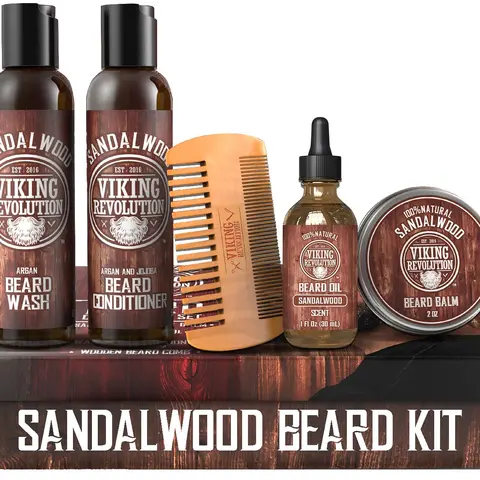 Viking Revolution Ultimate Beard Care Kit For Men - Sandalwood Scented Beard Wash + Conditioner + Oil + Balm + Comb - Thickening Nourishing Gift Set