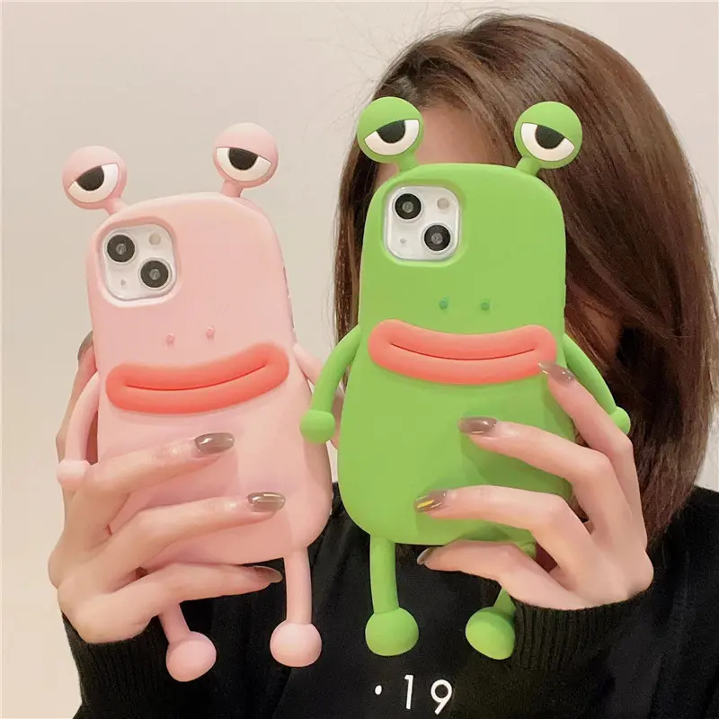 Cute Frog Case for iPhone 17 Pro Max 13 12 Pro 11 Silicone Soft Cover Kawaii Cartoon Phone Shell Protective Bumper in Pink & Green