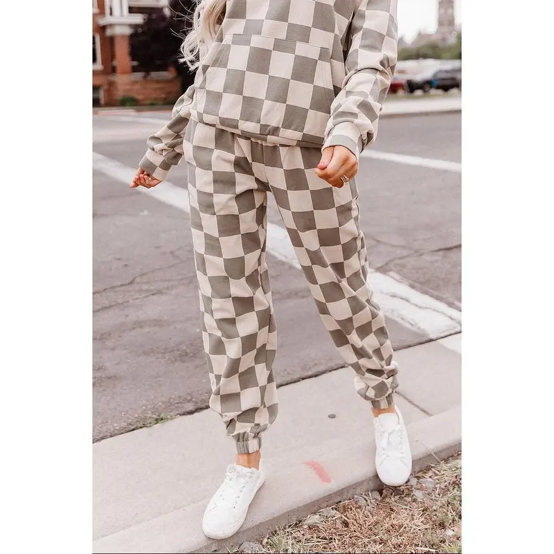 Ampersand Avenue Women's Checkered Relaxed Fit Loose Casual Comfy Joggers - Sage Green & Beige Plus Size, Cozy 50% Cotton-Poly Soft Stretch Loungewear Bottoms, Match-Set Vibe, University Street Fashion