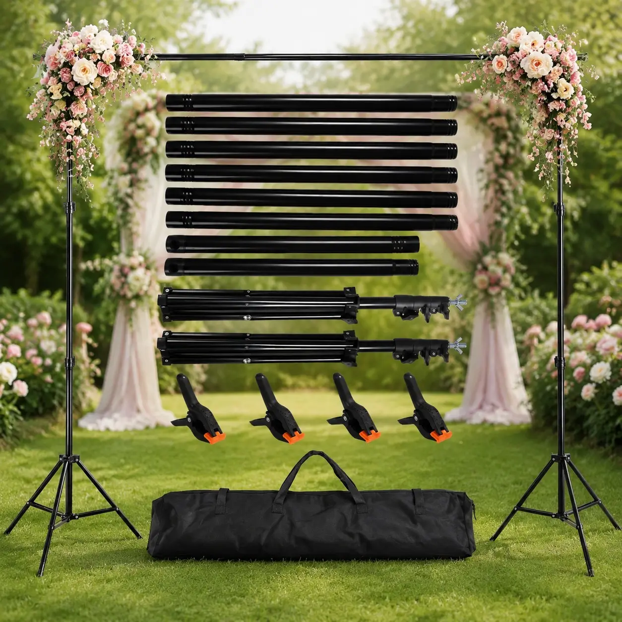 Black Durable Metal Backdrop Stand Kit Set (10x6.5ft), Adjustable Steel Photo Background Kit with 4 Clamps, Portable Carry Bag for Photography, Parties